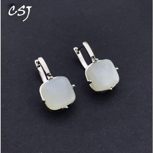 CSJ Elegant Natural Moonstone Earring Sterling 925 Silver Gemstone Cushion cut 10 MM Fine Jewelry Women Wedding Party Gift