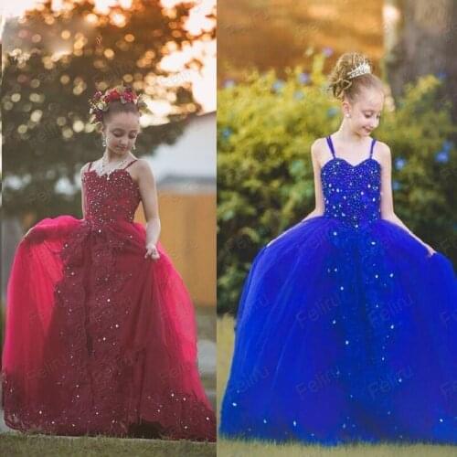 Royal Blue Flower Girls Dresses With Spaghetti Straps Sequins Lace Appliques Back Bow Long Tulle Lovely Girls Pageant Dress