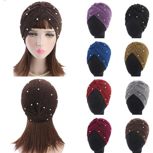 Hot Sale Women Plain Hijabs Muslim Shiny Pearls Beaded Mesh Headwrap Hair Lose Turban Headwear Cap Hair Accessories Winter Hats