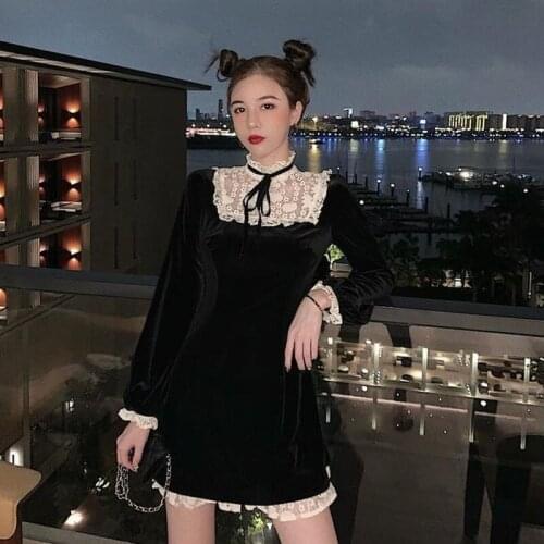 Gothic Lolita Dress Black Velvet Stitching Lace-up Patchwork Temperament Victorian French Stand Collar Velvet Mini Dress
