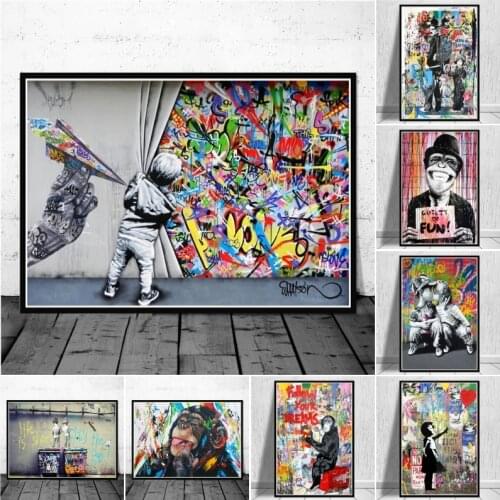 Graffiti Canvas Banksy Art Canvas Posters and Prints Funny Monkeys Graffiti Street Art Wall Pictures for Modern Home Room Decor