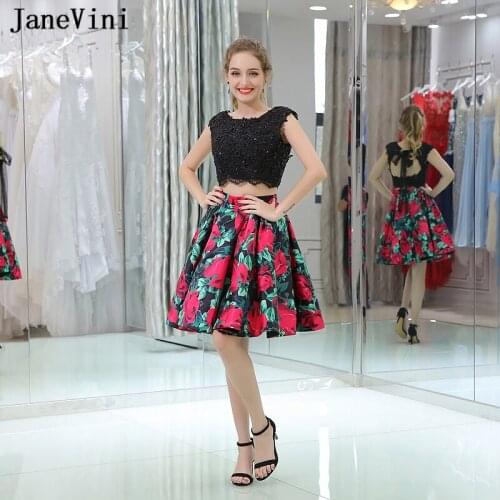 JaneVini Sexy Two Piece Print Floral Short Homecoming Dresses A Line Appliques Beaded Backless Satin Graduation Gown Robe Courte