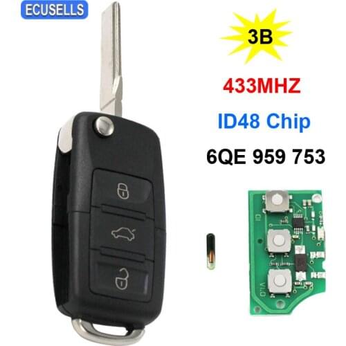 3 Button Flip Folding Remote Smart Car Key ID48 Chip 6QE 959 753 433MHz 6QE959753 Uncut Blade for Volkswagen for VW Fox Sharan