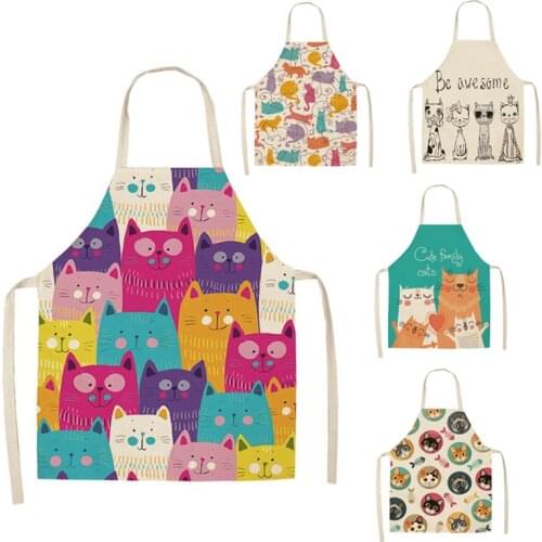 Anti-fouling Kitchen Apron Sleeveless Cartoon Cat Cotton Linen 1Pcs Printed for Men Women S/L Home Cleaning Tools