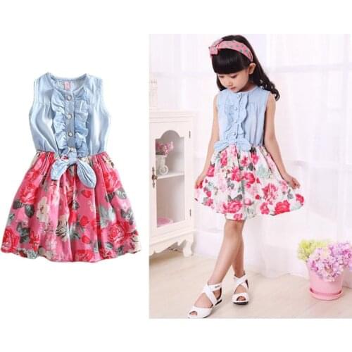 Summer Girls Dress Princess Denim Floral Stitching Sleeveless Dresses Bowknot Ruffle Sundress For 1-14 Years Girl Kids Clothes