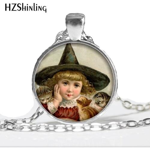 2015 NEW Little Witch Necklace Cats and Witch Jewelry Halloween Pendant Glass Dome Necklace