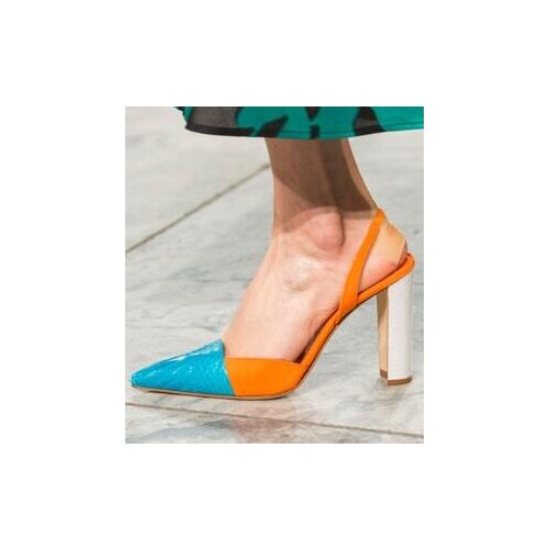 Summer New Women Fashion Geometry Patchwork Shallow Pointed Toe Slip On Slingback Elastic Back Party Square Heel Sandals Lady