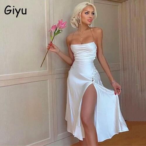 Giyu Sexy Split Backless Bandage Long Dresses Women Summer 2021 Elegant Club Party Vestidos Off Shoulder Pleated White Dress