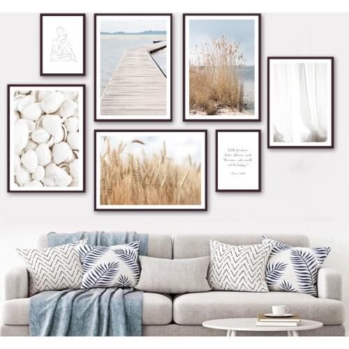 Beach Grass Sea Bridge White Seashells Wheat Curtain Wall Art Print Canvas Painting Nordic Poster Decor Pictures For Living Room