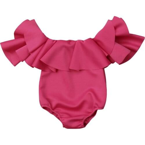 Rose Red Newborn Baby Girl Off shoulder Solid Color Ruffles Princess Girls Romper Jumpsuit Outfits Baby Clothes