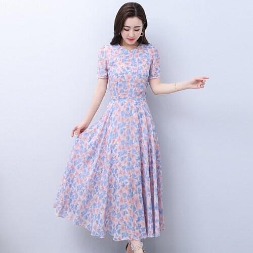 Chiffon Vestidos Womens 2020 Summer O-Neck High Waist Stitching Temperament Dresses Waist Long Floral Short Sleeve Dress Z662