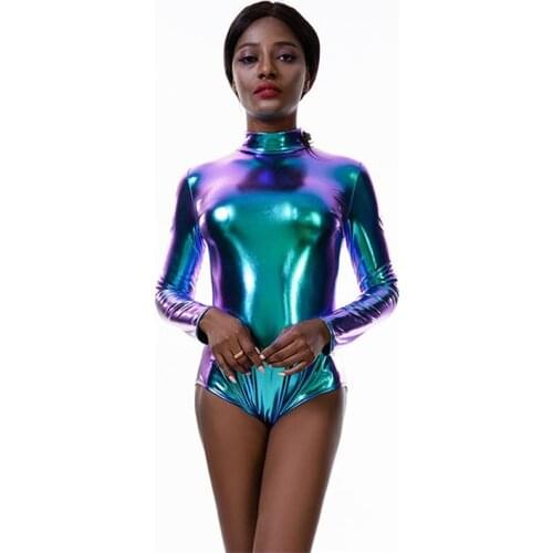 Bright fake Leather Bodysuit Sexy Women O Neck Zipper Skinny Playsuits Party Night bar Club Stage Jumpsuits pole dance costumes