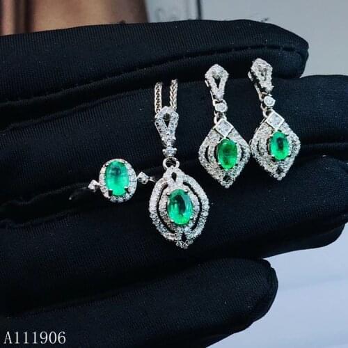 KJJEAXCMY boutique jewelry 925 sterling silver inlaid natural gemstone emerald female ring necklace pendant earrings set support