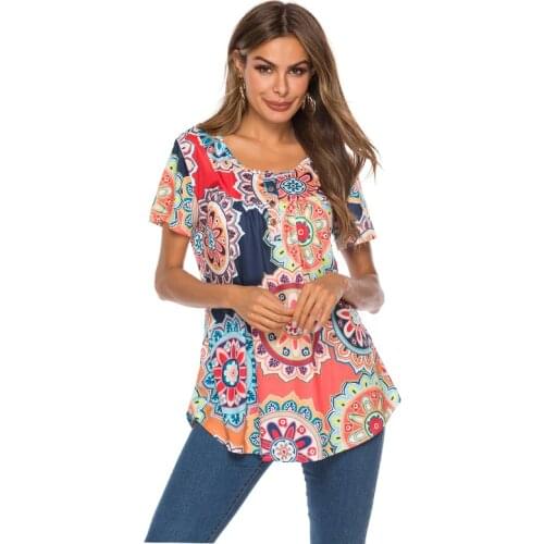 Floral Print Vintage T-shirt Women Summer Short Sleeve O-neck Office Ladies Casual Plus Size Loose T Shirts Tops Femme Tees
