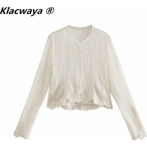 Klacwaya 2021 Women Fashion Linen Textured Shirt Vintage O Neck Long Sleeve Stitching Lace Blouse Female Chic Short Top
