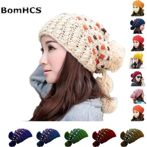 BomHCS Winter Womens Thick Warm Cable 100% Handmade Knit Beanie Hat with Soft Pom Pom