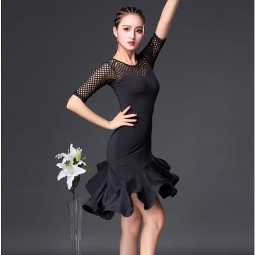 Fishbone net eye Latin Dance skirt Woman Practice dress 2018 Performance Latin Dance skirt black Woman Latin dance dresses