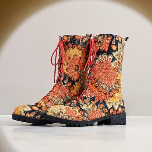 Women Ankle Boots Winter printing Fabric Female Martin boots lace-up women booties British lace retro trend women naked boots 33