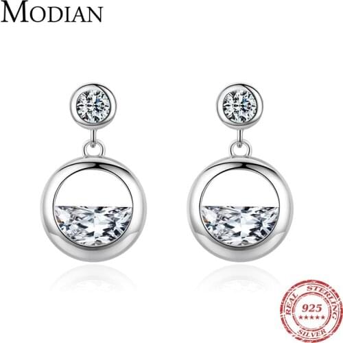 Modian Authentic 925 Sterling Silver Round Charm Dangle Earrings Geometric Cut Clear CZ Drop Earring For Women Wedding Jewelry