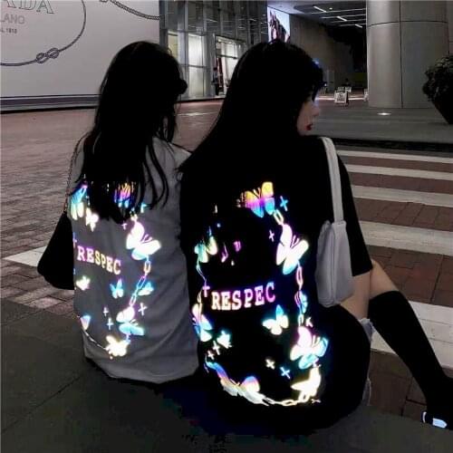Girlfriends reflective printed women tops tshirts Korean style t-shirts summer fashion black t shirts preppy casual o-neck tee