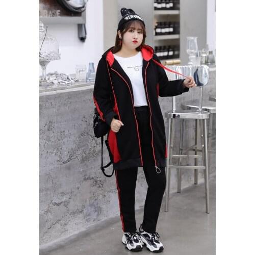 Winter Women Clothing Sets Long Zipper Hoodies Tops + Letters Striped Long Trousers 4XL To 8XL Plus Size Two Piece Sets T5100