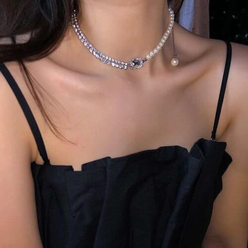 2021 New Punk Imitation Pearl Crystal Clavicle Chain Necklaces for Women Vintage Fashion Choker Necklace Y2K Jewelry 90s Gifts