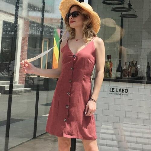 High Street Women Dress Summer Spaghetti Strap Backless Sexy Dress Women Solid Dress With Buttons Fashion Ladies Dresses 2018
