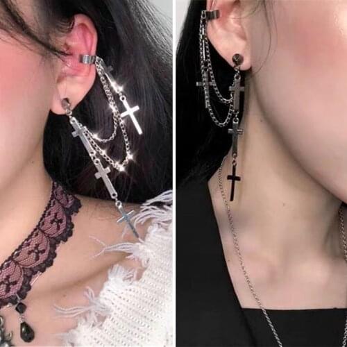 1pc Fashion Cross Tassel Chains Ear Cuff Earrings For Women Girls Gothic Punk Style Cross Pendant Clip Earring Trendy Jewelry