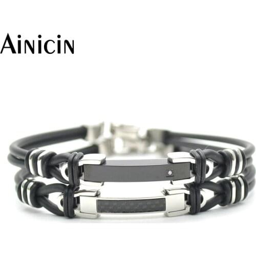 10pcs Double Rows Rubber Chain Stainless Steel Carbon Fiber Bracelets Adjustable Length For Men and Women Gift Jewelry