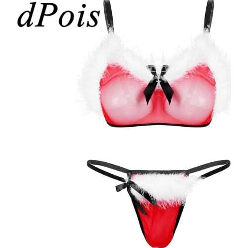 2Pcs Womens Exotic Sheer Lace Sexy Lingerie Christmas Set Spaghetti Straps White Feather Bra Top with Low Rise G-string Briefs