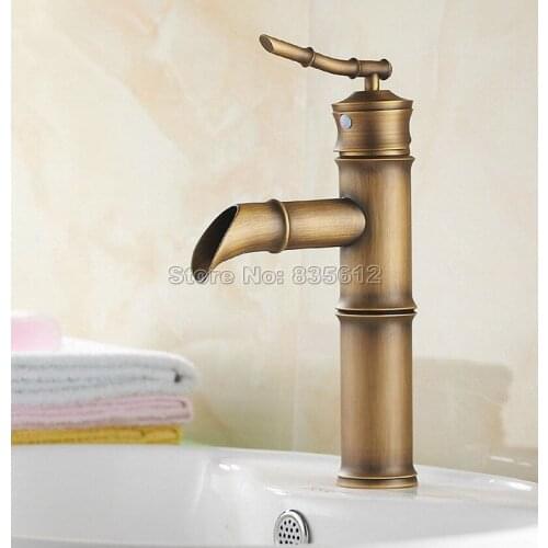 Waterfall Style Antique Brass Bathroom Basin Faucet / Single Handle Single Hole Deck Mount Vessel Sink Mixer Taps Wnf218