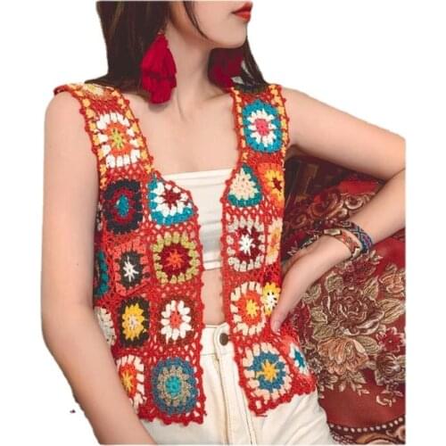 Bohe Women Sleeveless Crochet Tanks Tops Women Vintage Bohe Hollow Out Flower Tanks Cardigans Women