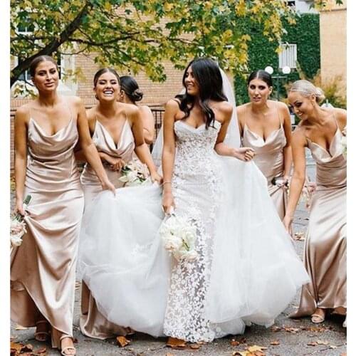 Elegant Champagne Bridesmaid Dress Spaghetti Strap Guest Wedding Party Dress Sheath Bridesmaid Dress Wedding vestido dama honor