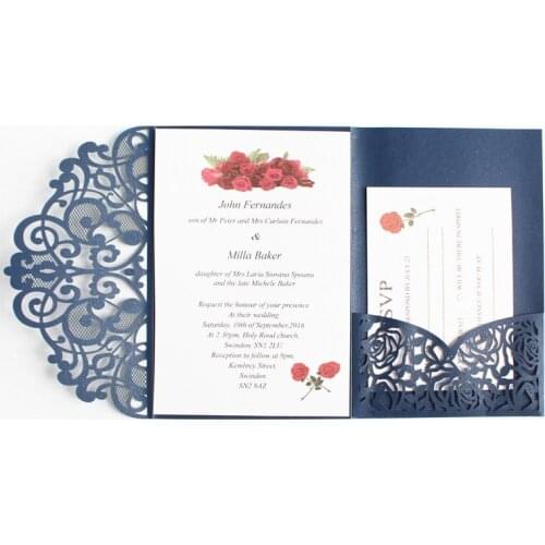Elegant pocket three fold invitation navy blue laser cutting customized printing wedding business invitation card free ship