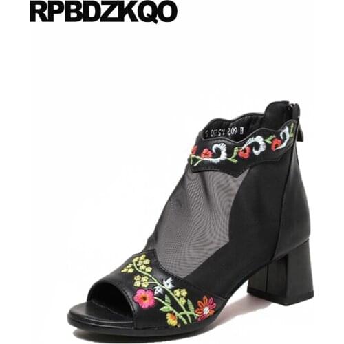 Mesh Booties Chunky Ankle 2017 Cut Out Sandals Casual Short Women Boots Medium Heel Black Embroidered Peep Toe Shoes Ladies