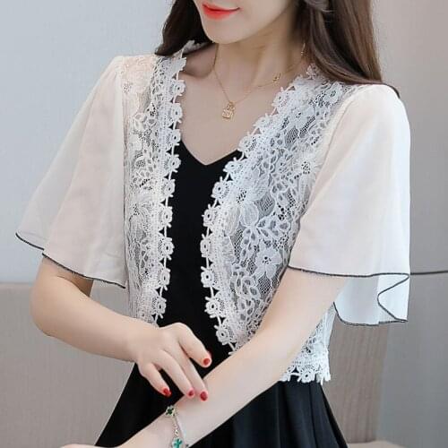 Lace Patchwork Cardigan Women Feminino White Shirt Plus Size Boho Korean Short Sleeve Blouse 2021 Chiffon Jacket Top Blusa Y949