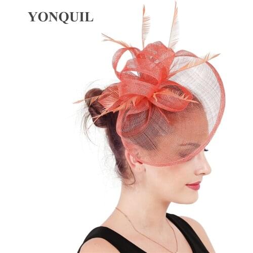 Coral Sinamay Fascinators Hat Bride Wedding Hat With Fashion Hoops Decor Hair Accessoris Ladies Elegant Occasion Headwear