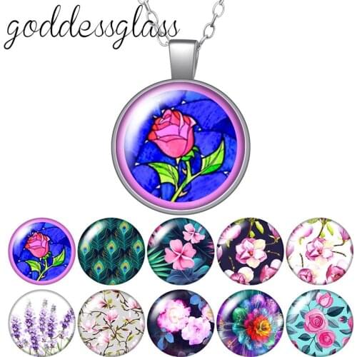 Beauty Flowers Rose lavender Patterns Round Glass glass cabochon silver plated/Crystal pendant necklace jewelry Gift