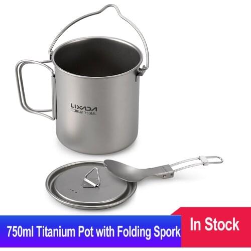 Lixada Lightweight Titanium Pot with Folding Spork Camping Hang Pot Water Cup Mug for Outdoor Camping Hiking Backpacking Picnic