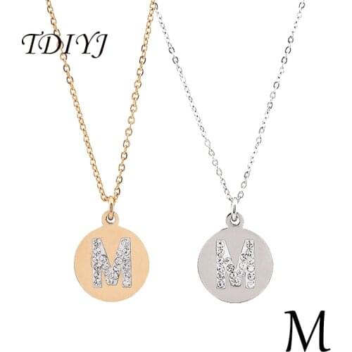 TDIYJ Top Selling Stainless Steel Round Gold Tiny Initial Necklace Disc M Letter Charm Pendant Necklace 2pcs/lot