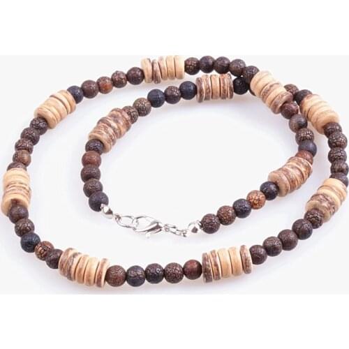 6mm brown stone bead & wood bead men necklace chokers necklace