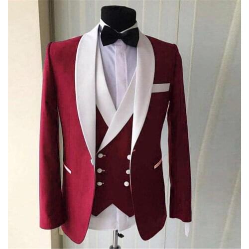 2020 New Designs Slim Fit Suit Men Burgundy Groom Tuxedo Mens Suits for Wedding Prom Men Party Jacket Vest and Pants Set 3 Piece