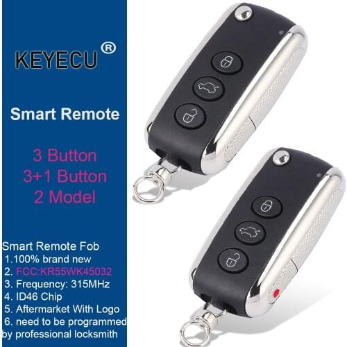 KEYECU Smart Flip Remote Control Car Key for Bentley Continental GT GTC Flying Spur, Fob 3 / 3+1 Button - 315MHz - KR55WK45032