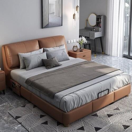 Light luxury leather bed double bed 1.8m wedding bed soft bed modern simple master bedroom wedding bed Nordic atmosphere leather
