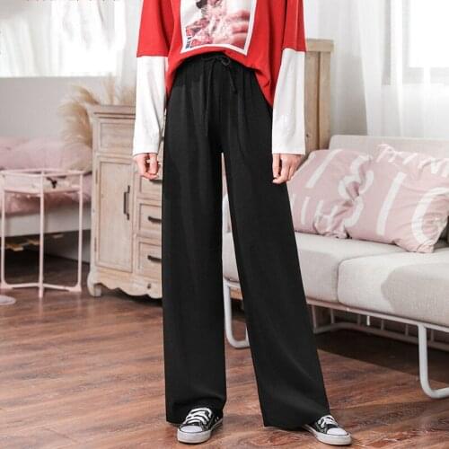AECU Women Tie Wide Leg Pants Solid Color Pantalones Pleated Pants Female High Waist Plus Size Casual Ladies Culottes Trousers