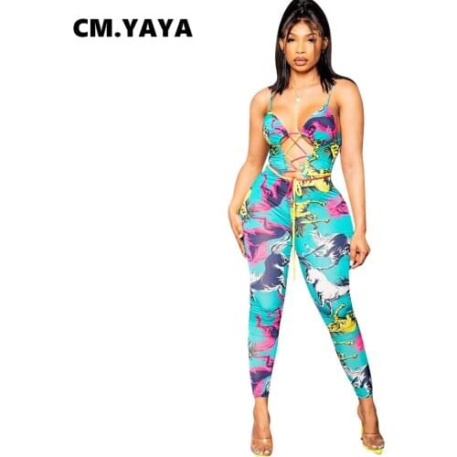 CM.YAYA Women Jumpsuit Print Sleeveless Halter Backless Bandage Cut Out Bodycon Strechy Jumpsuits Sexy Fashion Outfits Summer