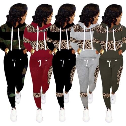 Hooded Sweatshirt Women Two Piece Set Patchwork Leopard Zip Up Hoodie Top And Drawstring Pants Sport Tracksuit Casual Outfit