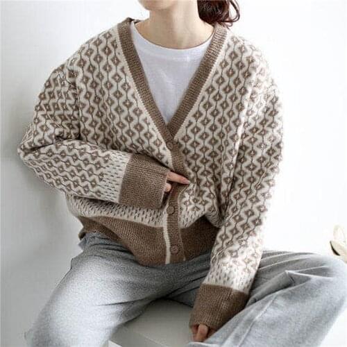 Women Loose Sweaters Button Down Knitwear Casual Long Sleeve V Neck Geometric Print Cardigan Coat for Spring Fall
