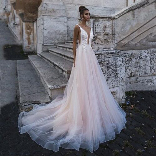 Sexy Deep V-Neck Appliques Lace Backless Boho Bridal Gowns Tulle A-Line Wedding Dress 2020 Vestido De Noiva