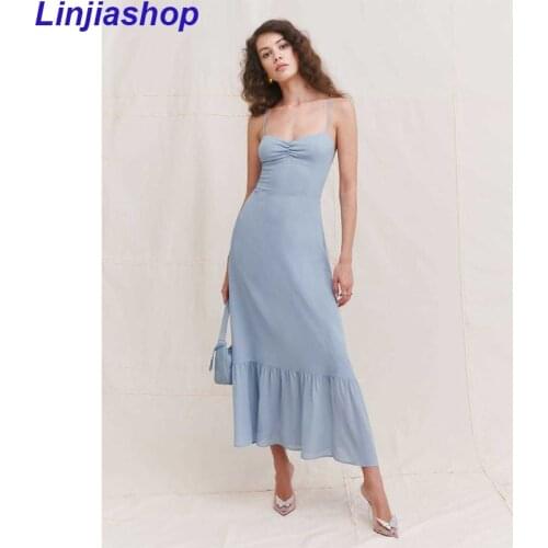 Vintage Center Ruched Women Long Dress Summer Dresses Chic Chiffon Blue Midi Dress Retro Spaghetti Straps Vestidos